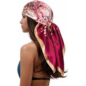 Women's Pink/Beige Head Scarf Like Silk Printed Square Hair Bandanas 35 Inches